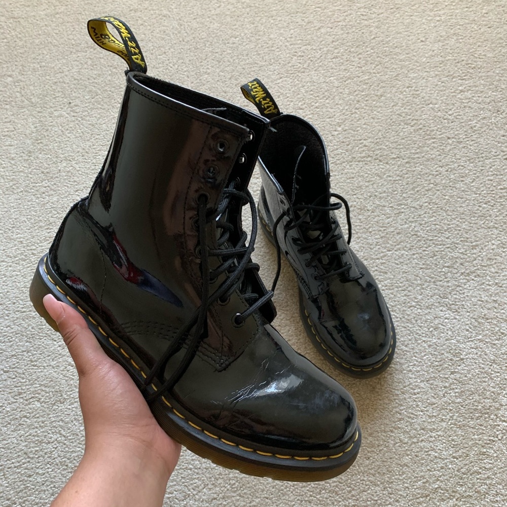 women’s shiny black doc martens boots